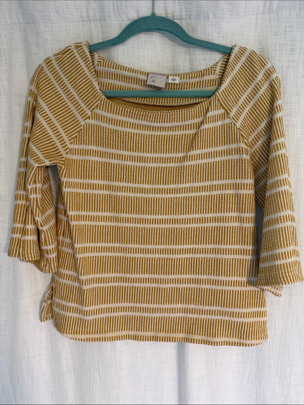 Anthropologie Striped Knit Boatneck Top in Mustard and White - 3/4 sleeve